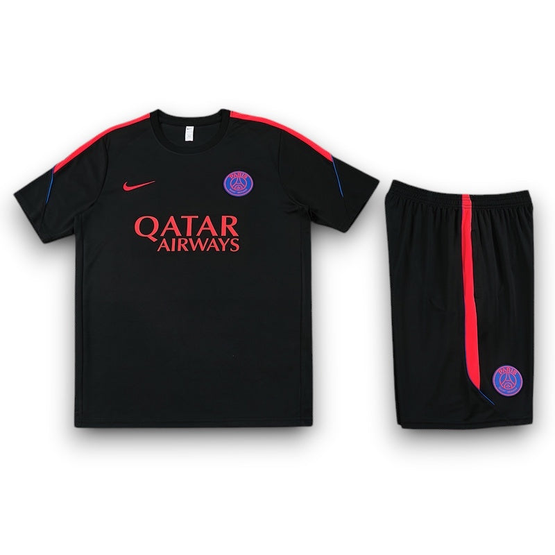 Leazofoot Paris Saint Germain 26/27 black training kit with red accents and Qatar Airways logo