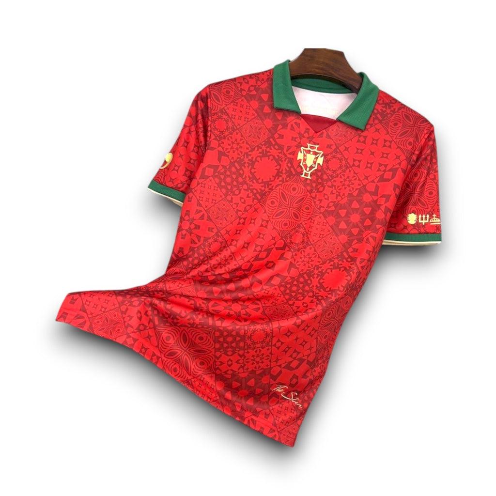 Leazofoot Portugal 2024 special edition soccer jersey in red with intricate geometric patterns and gold accents.