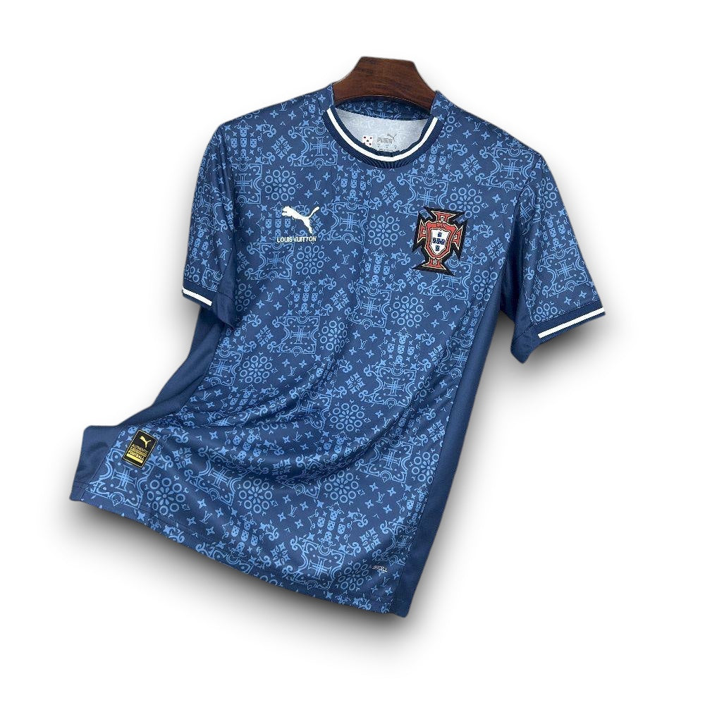 Leazofoot blue Portugal 2025 concept football jersey with white patterned details and team crest on a hanger.