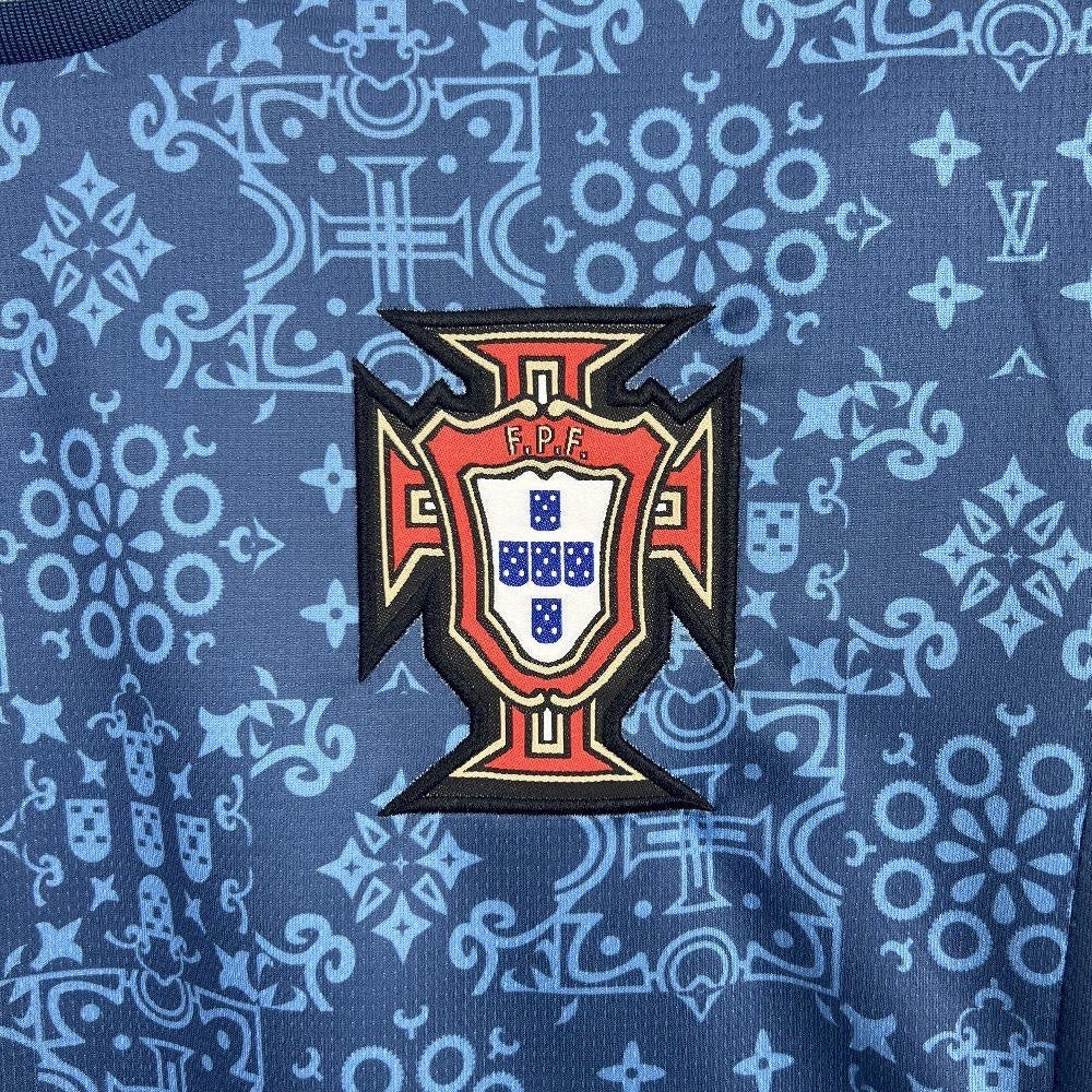 Leazofoot Portugal 2025 concept soccer jersey in blue with a patterned monogram design and embroidered team crest.