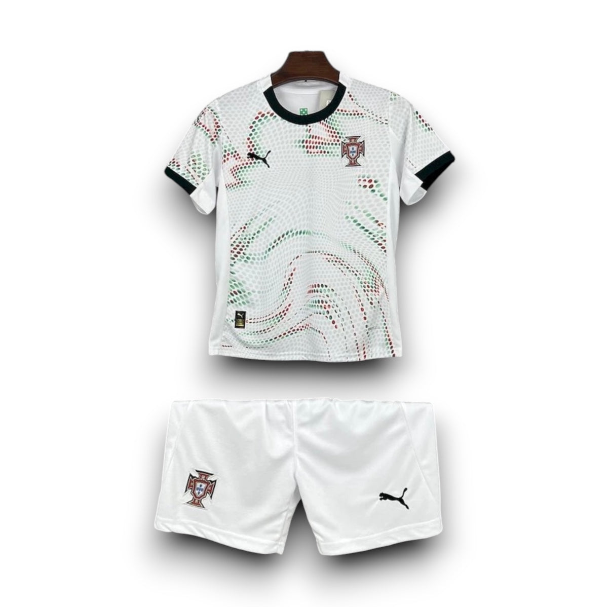 Leazofoot Portugal 2025 away kids soccer kit with white jersey featuring green and red dot pattern and matching shorts