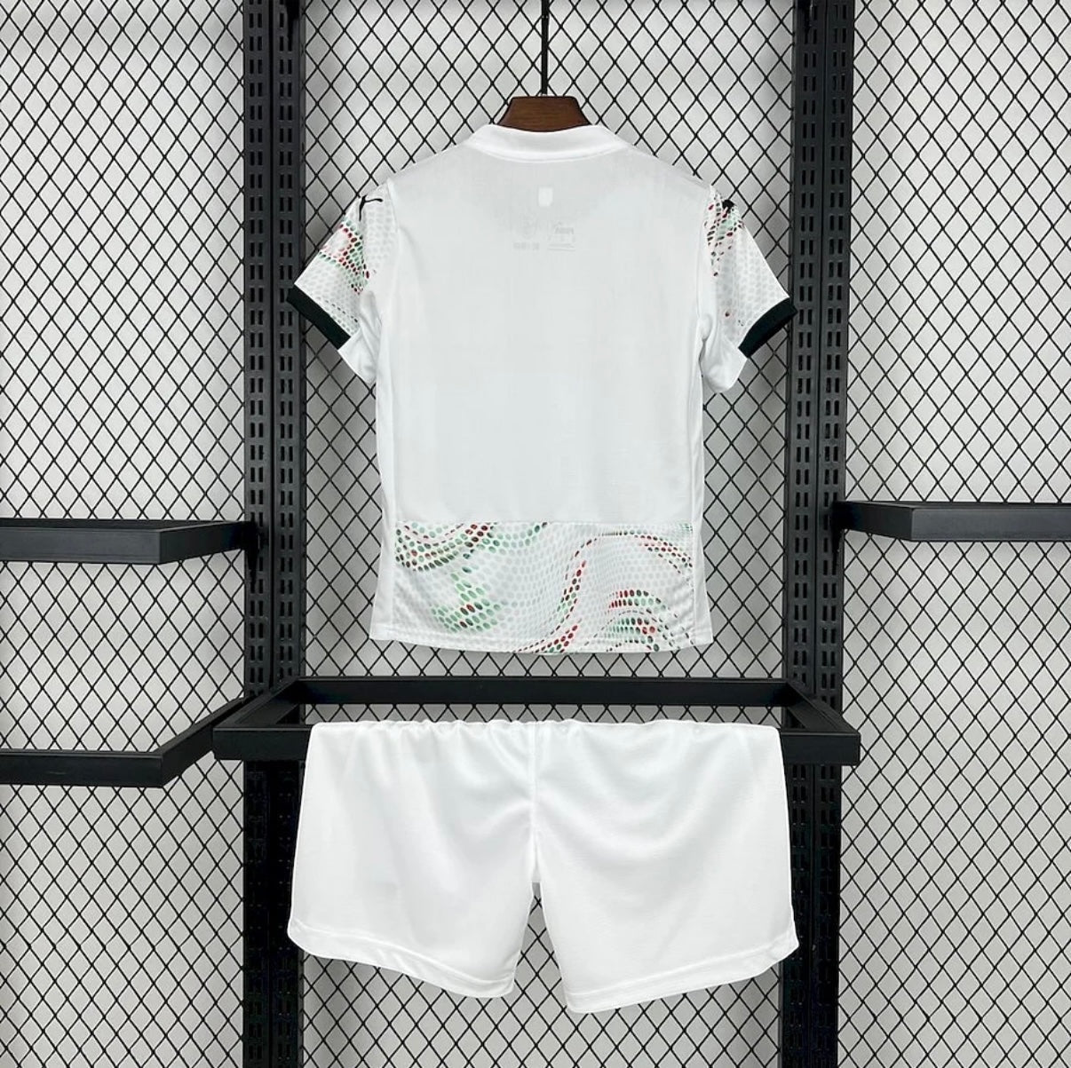 Leazofoot Portugal 2025 kids away soccer kit in white with green and red patterned accents on sleeves and hem.