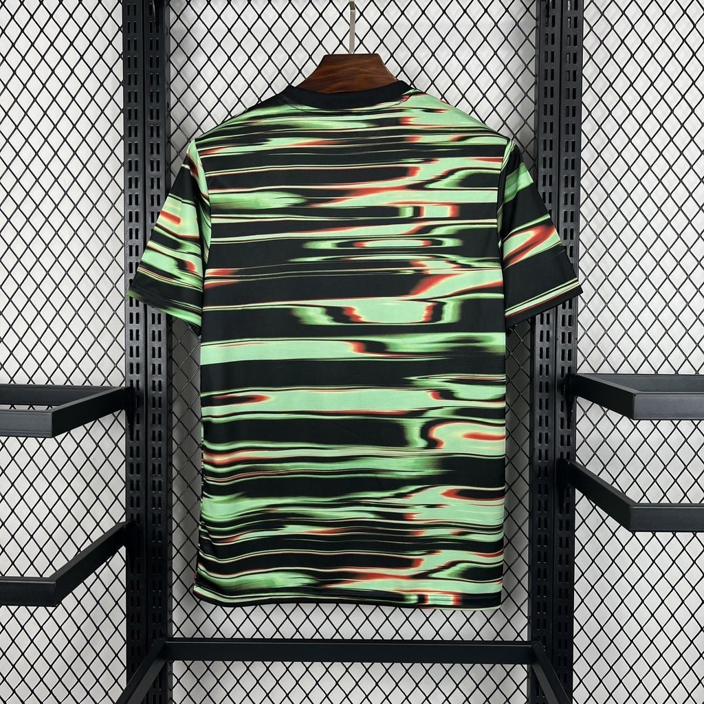 Leazofoot Portugal 2025 pre-match jersey featuring a black, green, and red abstract horizontal glitch pattern.