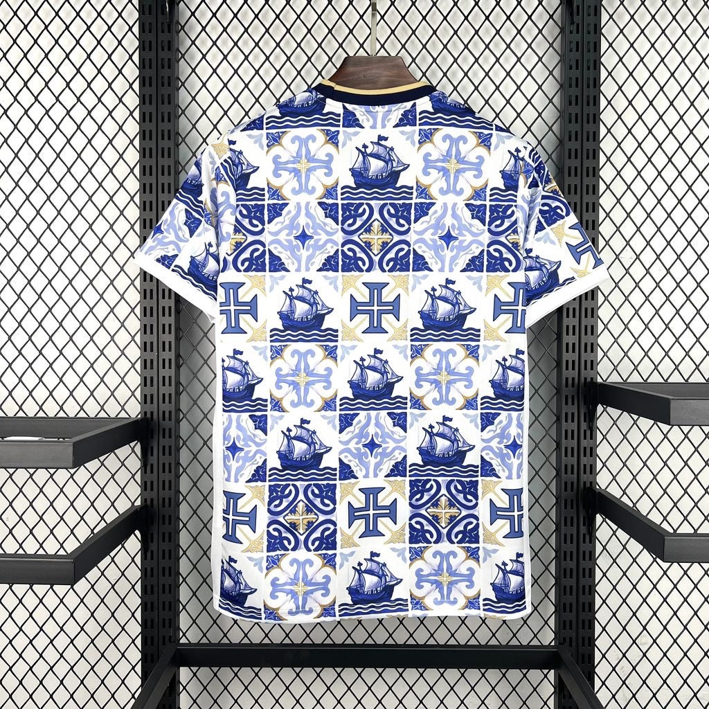 Leazofoot Portugal 2026 concept soccer jersey featuring a blue and white tile-inspired pattern with ship motifs.