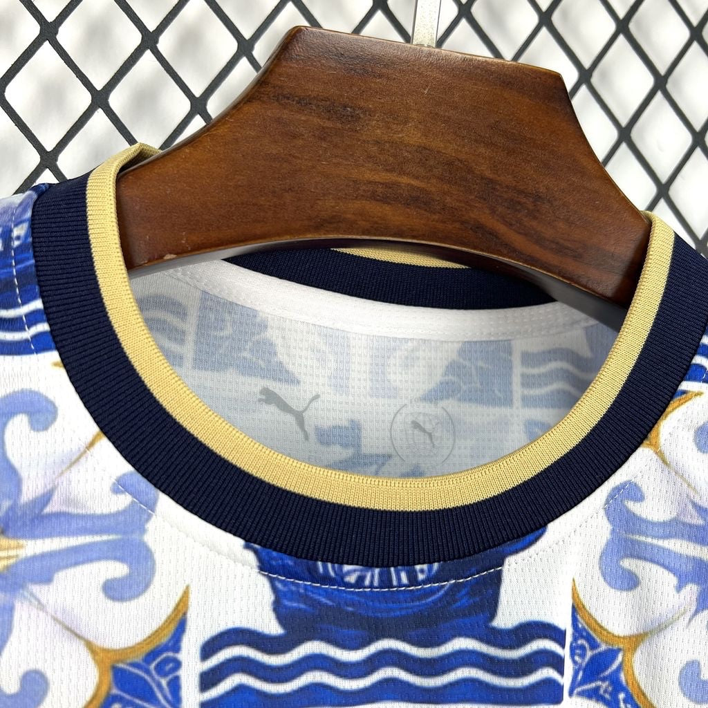 Leazofoot Portugal 2026 concept soccer jersey with white, blue, and gold azulejo-inspired tile pattern and crew neck.
