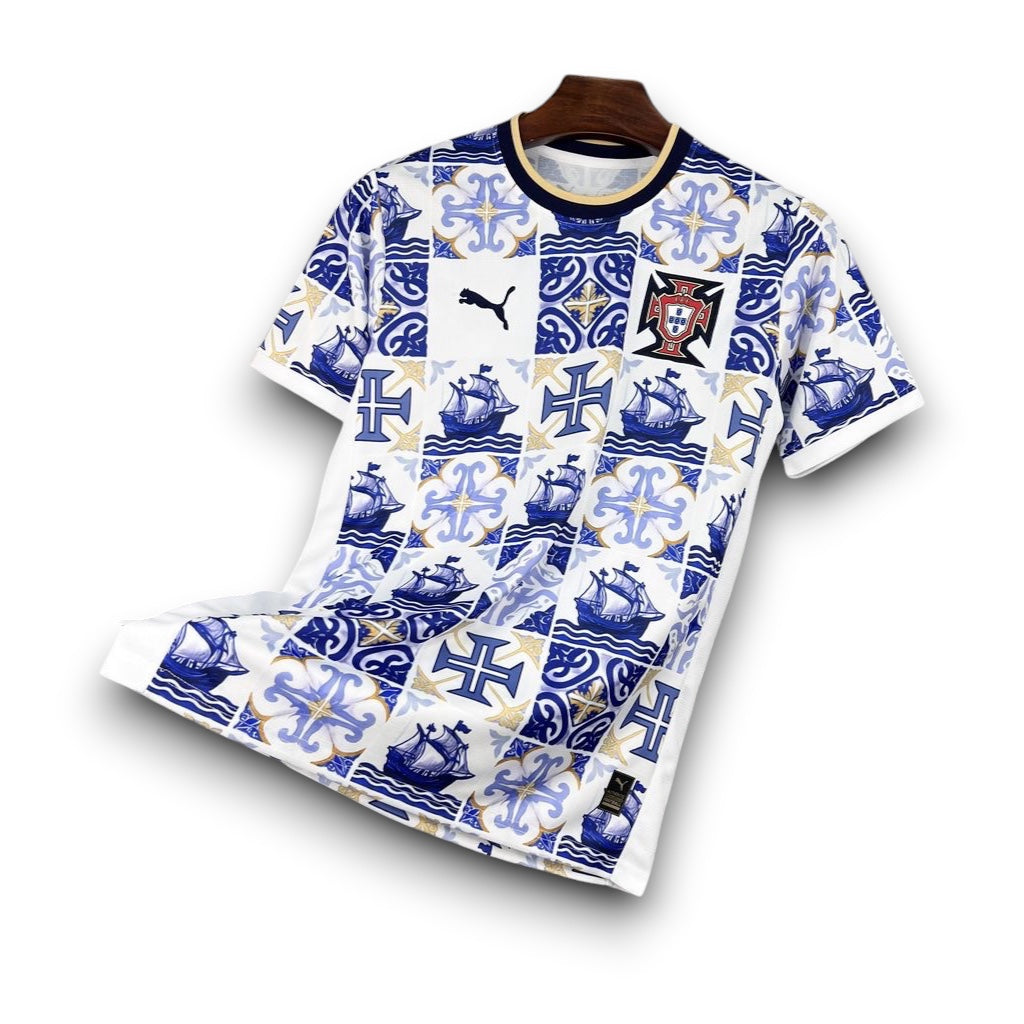 Leazofoot Portugal 2026 concept soccer jersey featuring a white, blue, and gold tile-inspired pattern with ships.