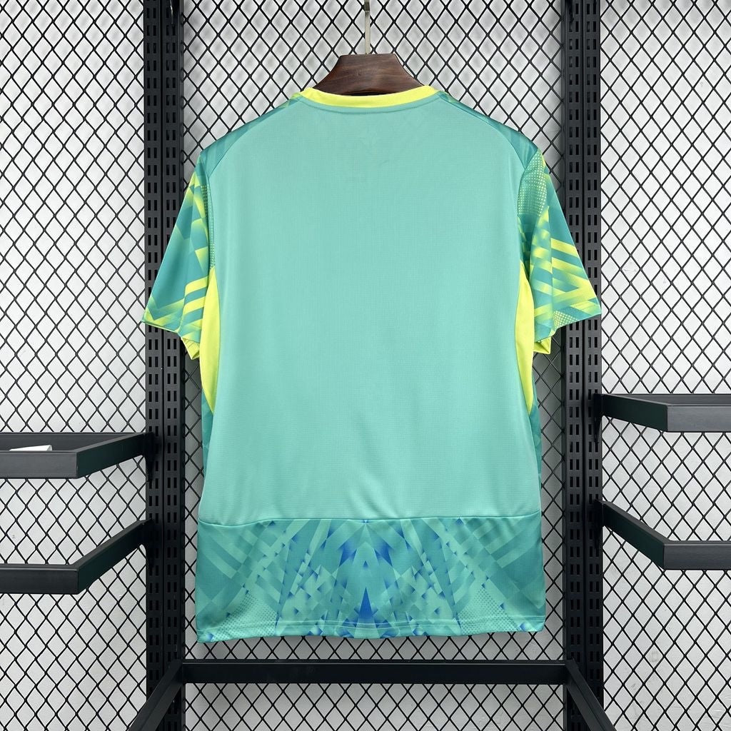 Back view of Leazofoot Portugal 2026 goalkeeper jersey in mint green with yellow accents and geometric patterns.