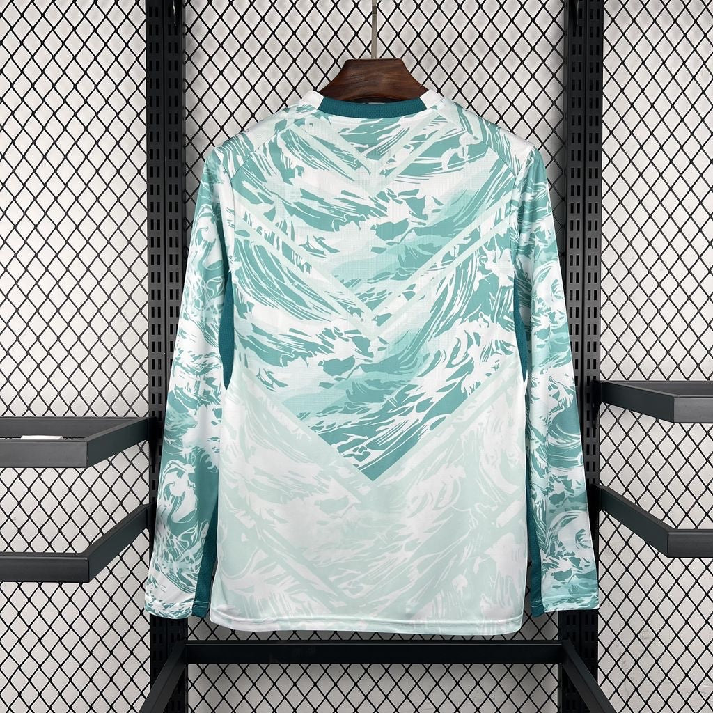 Leazofoot Portugal 2026 long sleeve home jersey in white and teal with a dynamic abstract graphic pattern