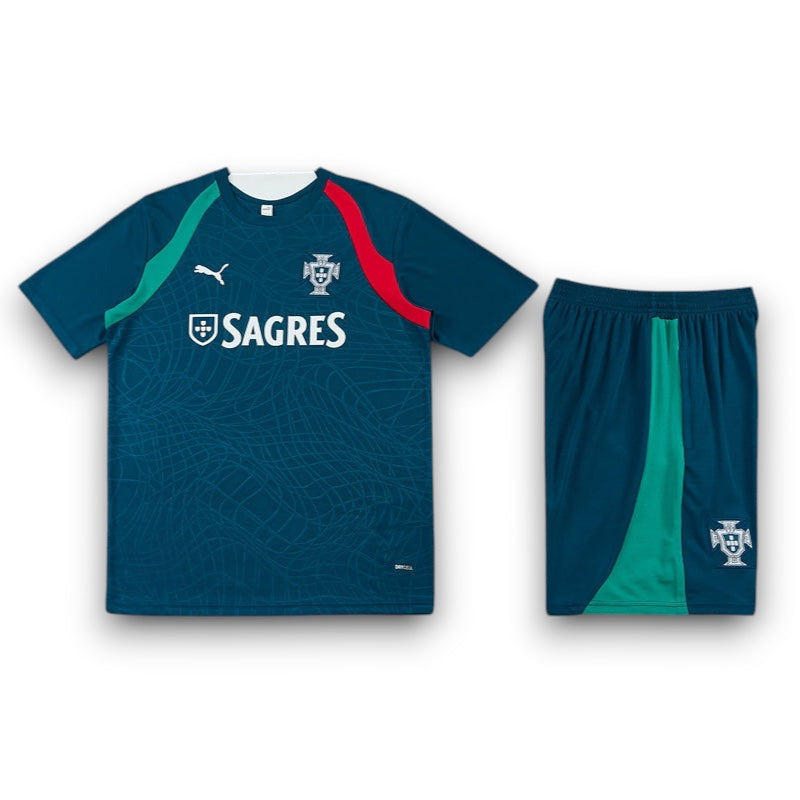 Leazofoot Portugal 2026 training kit featuring a teal jersey with red and green accents and matching teal shorts.