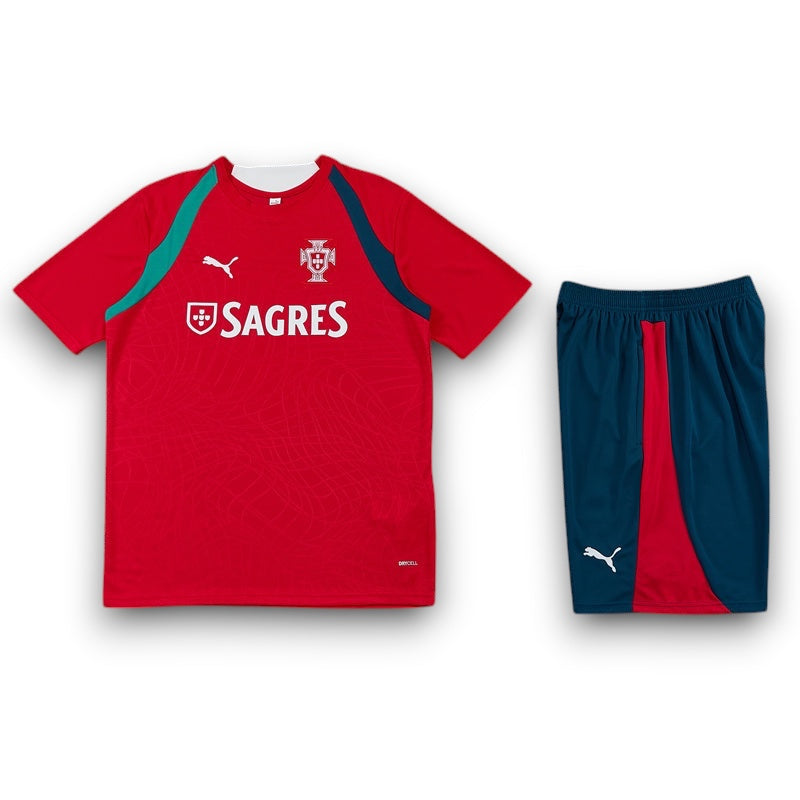 Leazofoot Portugal 2026 training kit featuring a red jersey with teal accents and matching teal shorts with red panels.