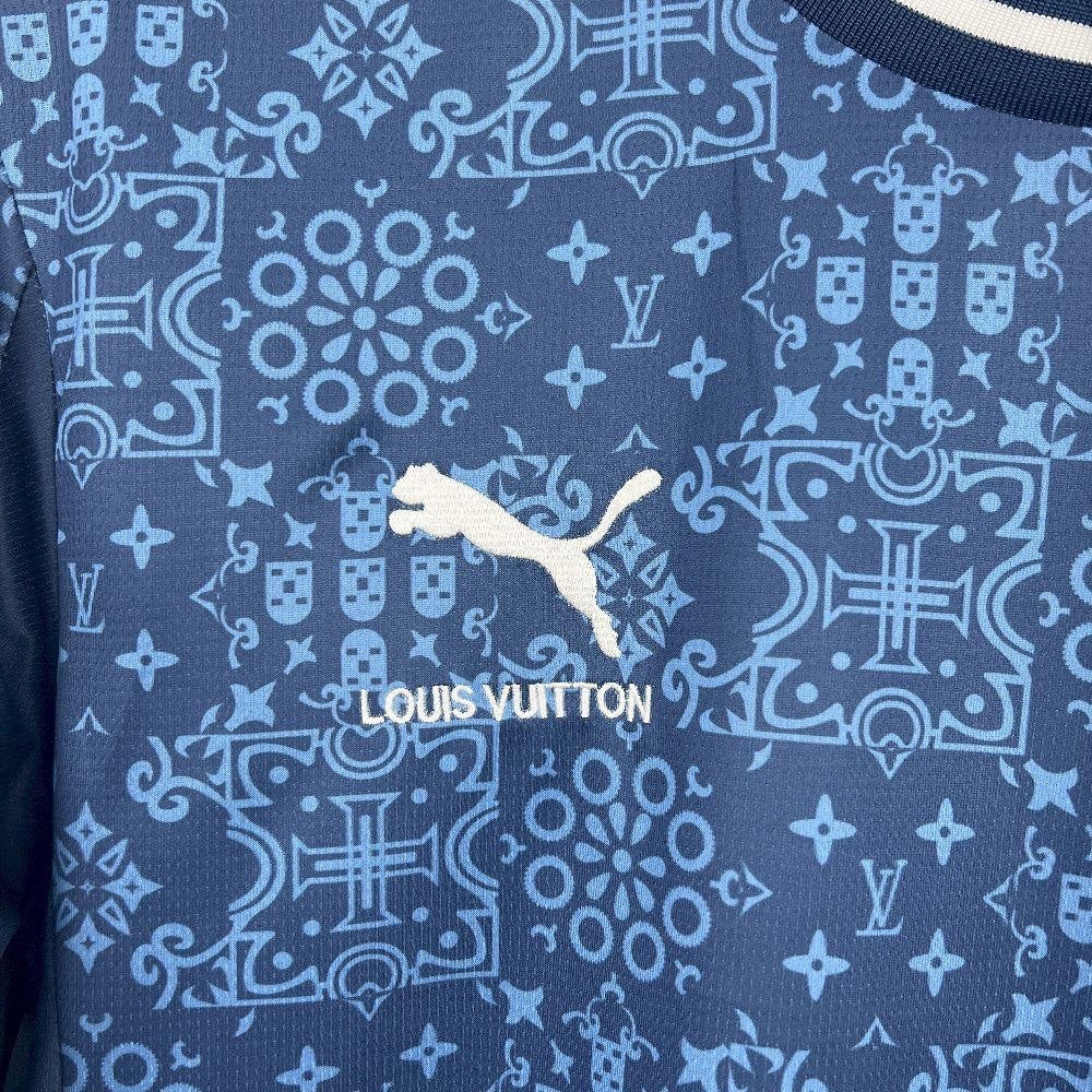 Leazofoot Portugal 2025 concept jersey in blue with a patterned print featuring logos and geometric symbols.