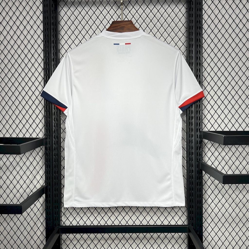 Leazofoot Paris Saint Germain 24/25 away jersey in white with red and blue sleeve trim and French flag detail.
