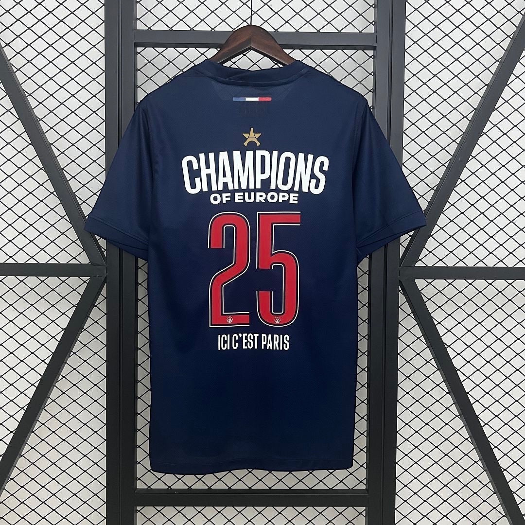 Leazofoot Paris Saint Germain 24/25 home jersey in navy blue with Champions of Europe 25 print on the back.