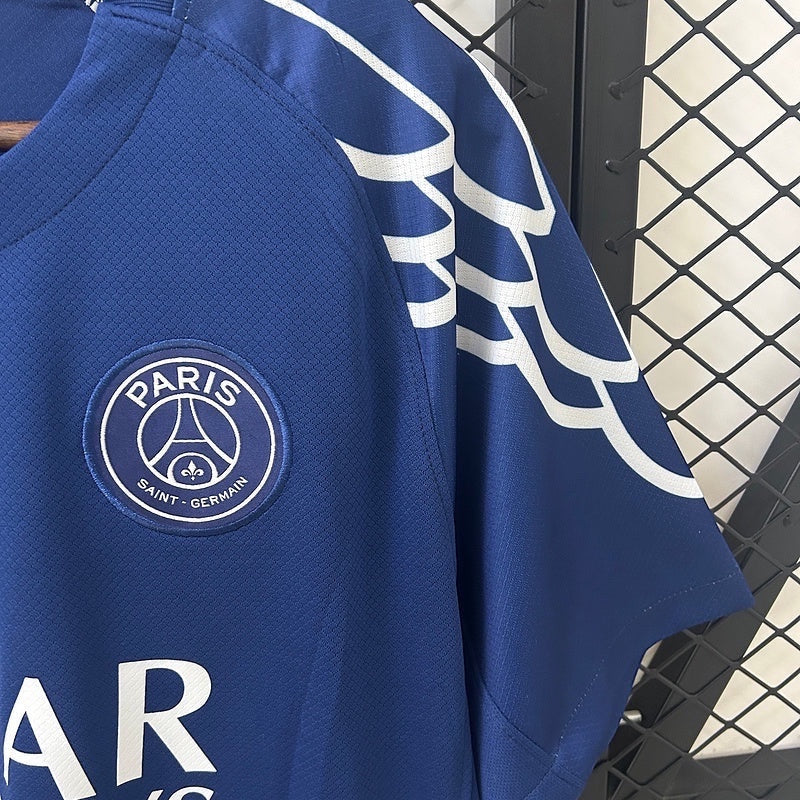Leazofoot Paris Saint Germain 24/25 fourth football jersey in blue with white shoulder graphic and club crest.