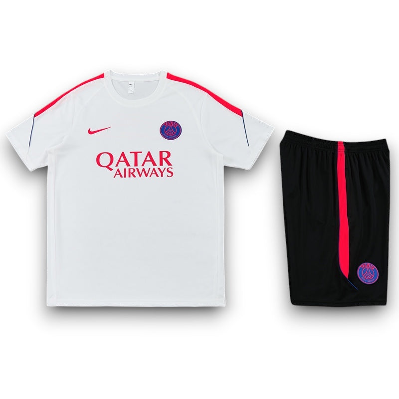 Leazofoot Paris Saint Germain 26/27 training kit with white jersey and black shorts featuring red accents