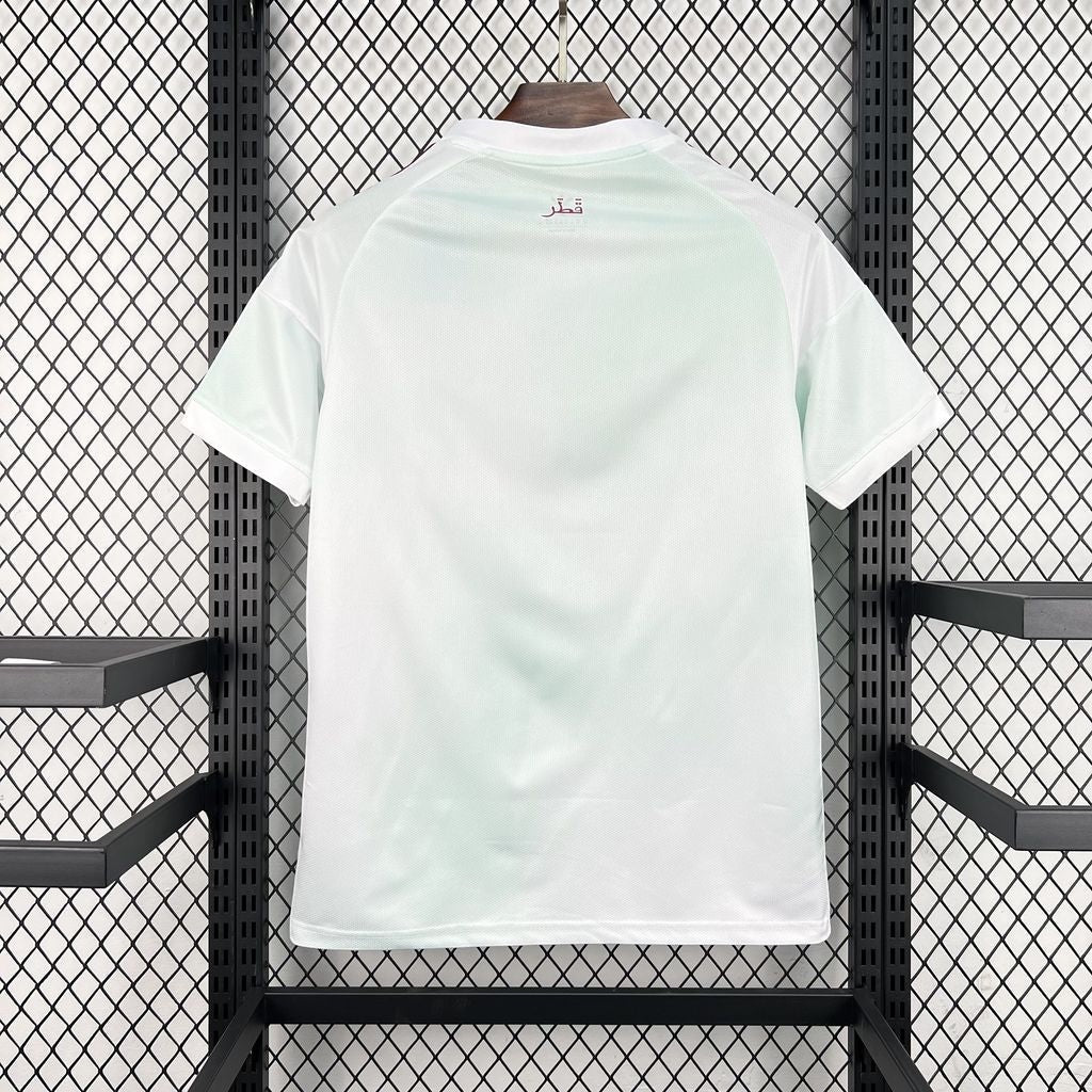 Leazofoot Qatar 2026 away soccer jersey in white with subtle mint green accents and Arabic script on the back neck.