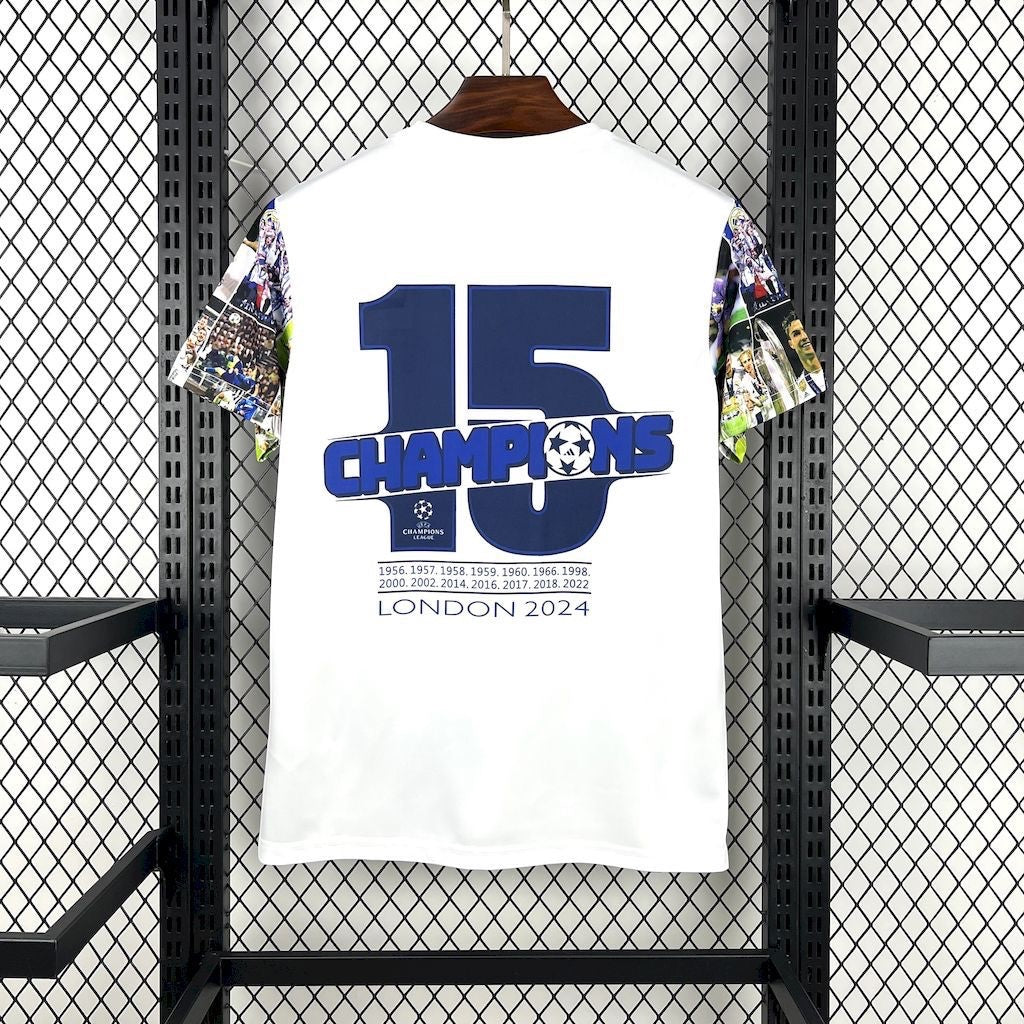 Leazofoot Real Madrid 2024 concept jersey featuring 15 Champions graphic and London 2024 print on white back