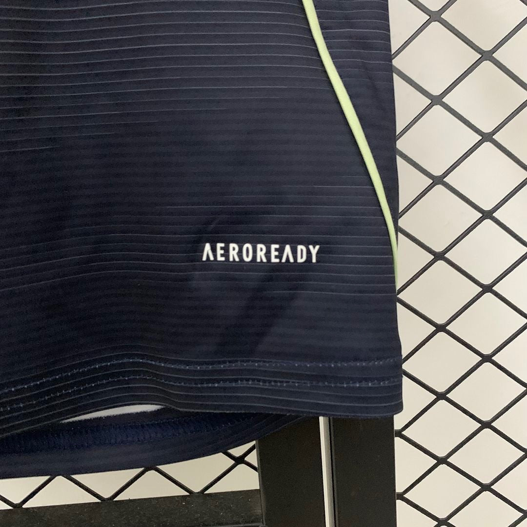 Leazofoot Real Madrid 25/26 away jersey featuring navy blue fabric with subtle horizontal stripes and Aeroready tech