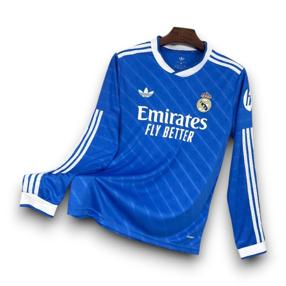 Leazofoot Real Madrid 25/26 third long sleeve jersey in blue with white stripes and team crest