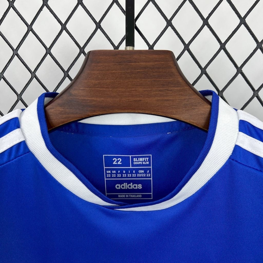 Leazofoot Real Madrid 25/26 youth third kit jersey in blue with white collar detail and slim fit design