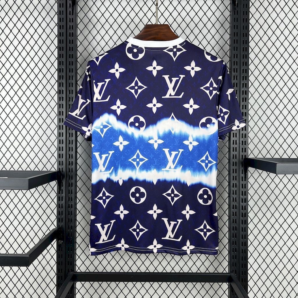 Leazofoot Real Madrid 25/26 concept jersey featuring a blue and white tie-dye effect with monogram pattern