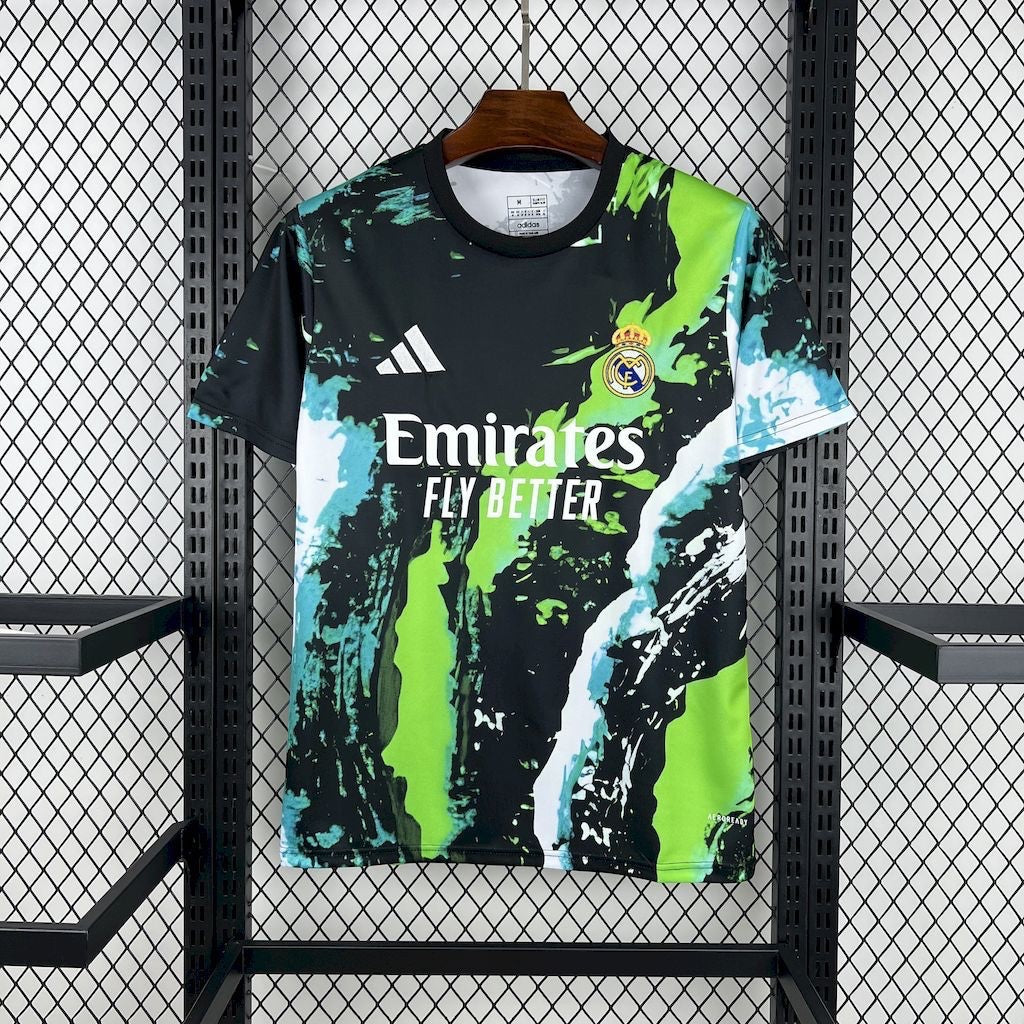 Leazofoot Real Madrid 25/26 concept soccer jersey featuring a black, green, and white abstract paint splatter design.