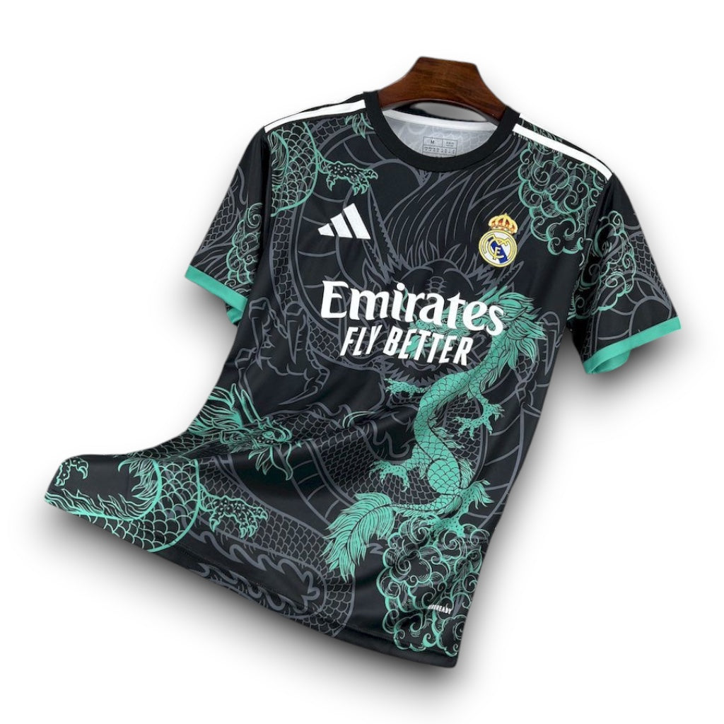 Leazofoot Real Madrid 25/26 concept jersey in black with green dragon graphic print and white sponsor logo