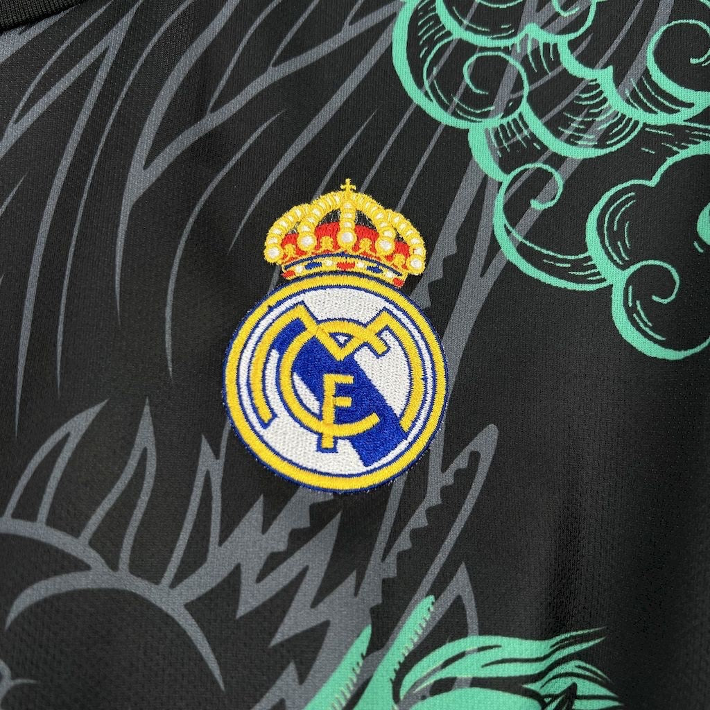 Leazofoot Real Madrid concept jersey featuring a black fabric with green dragon and cloud graphic details and team crest