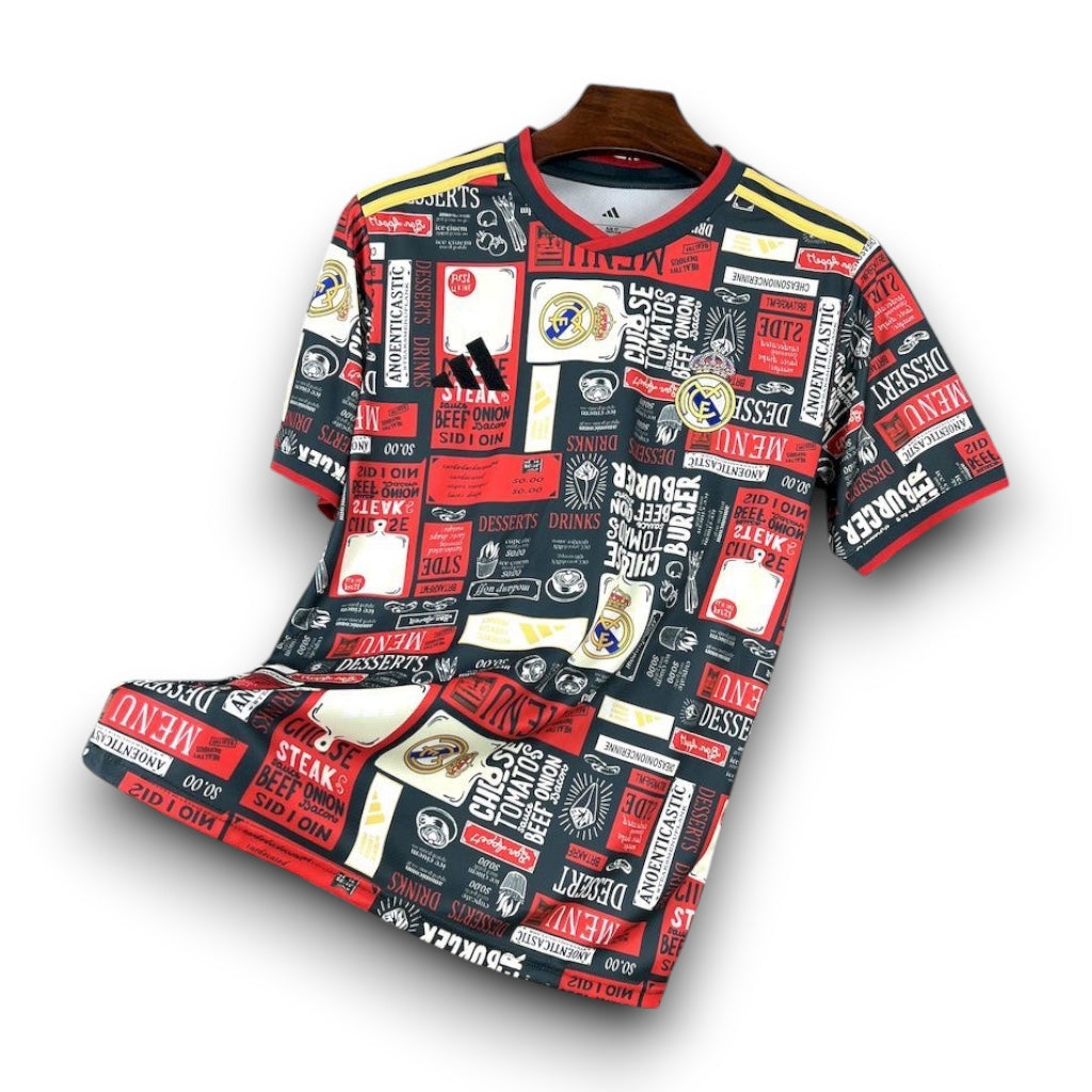Leazofoot Real Madrid concept jersey featuring a black, red, and white graffiti-style menu print and team crest.