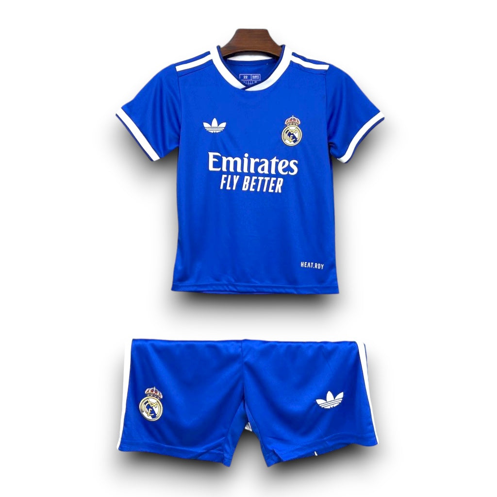 Leazofoot Real Madrid 25/26 third kit for kids featuring a blue jersey and shorts with white trim and team logos.