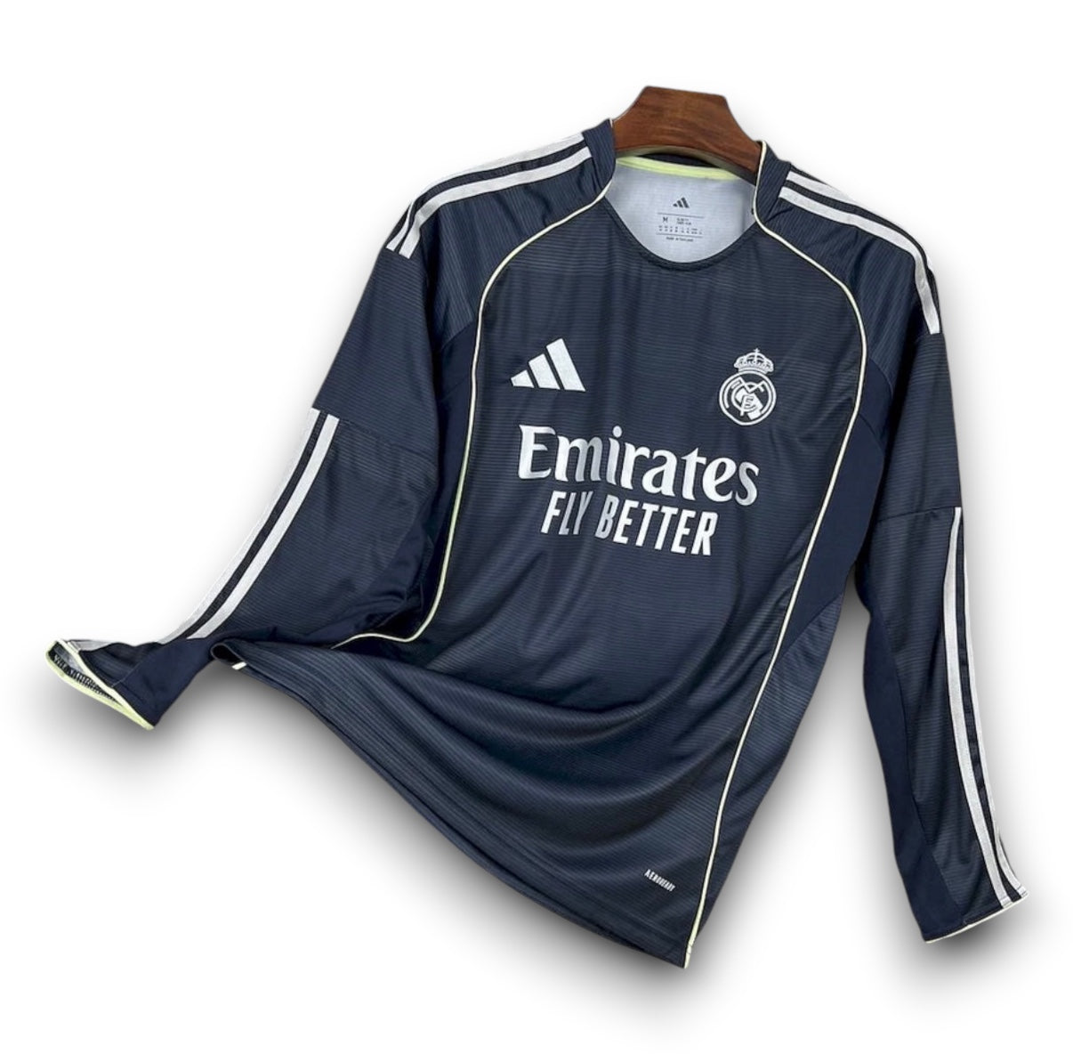 Leazofoot Real Madrid 25/26 long sleeve away football jersey in dark navy with white accents and sponsor logo