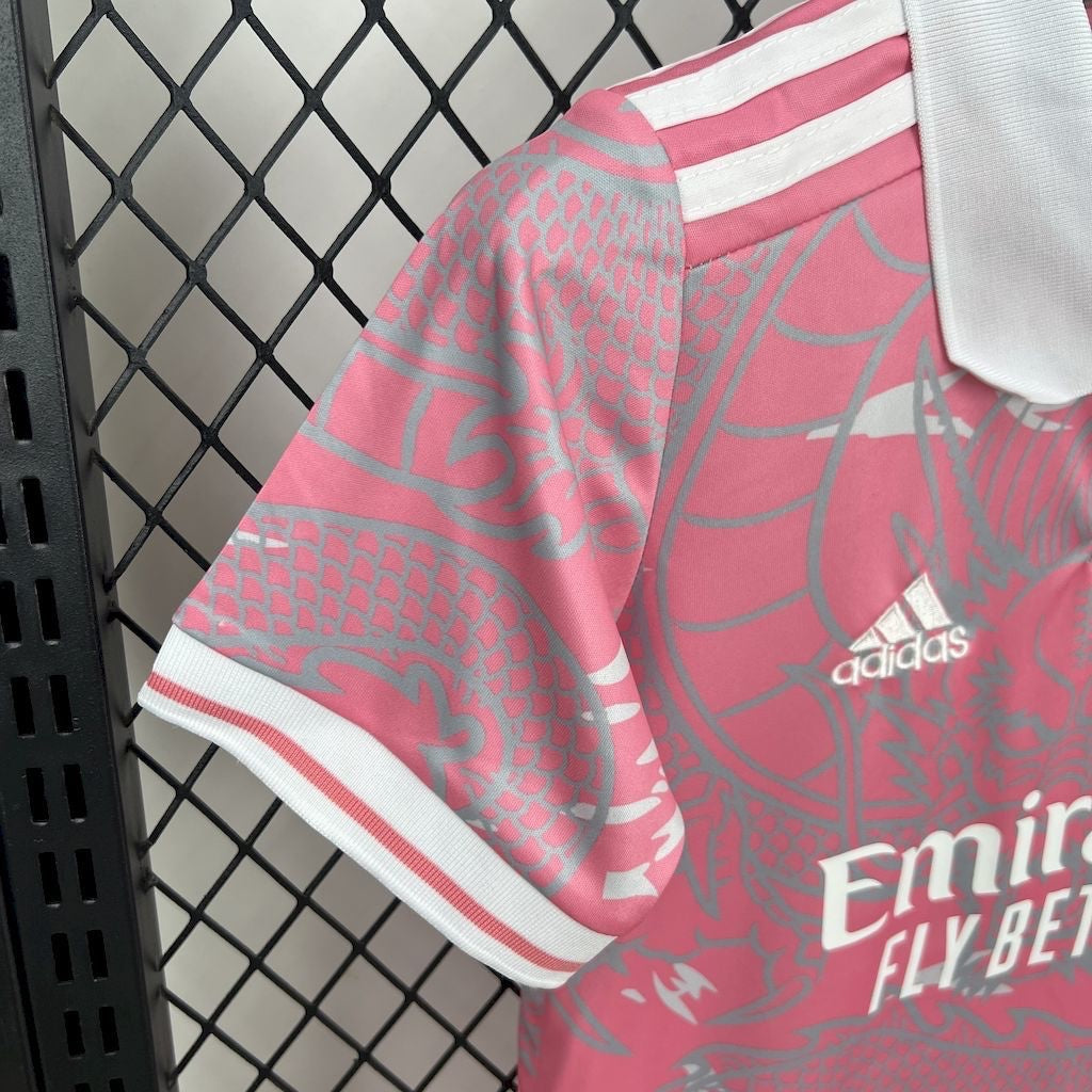 Leazofoot Real Madrid 24/25 kids concept jersey in pink with grey dragon pattern and white collar details