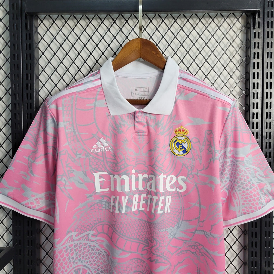 Leazofoot Real Madrid 23/24 special edition pink football jersey with white collar and dragon graphic pattern