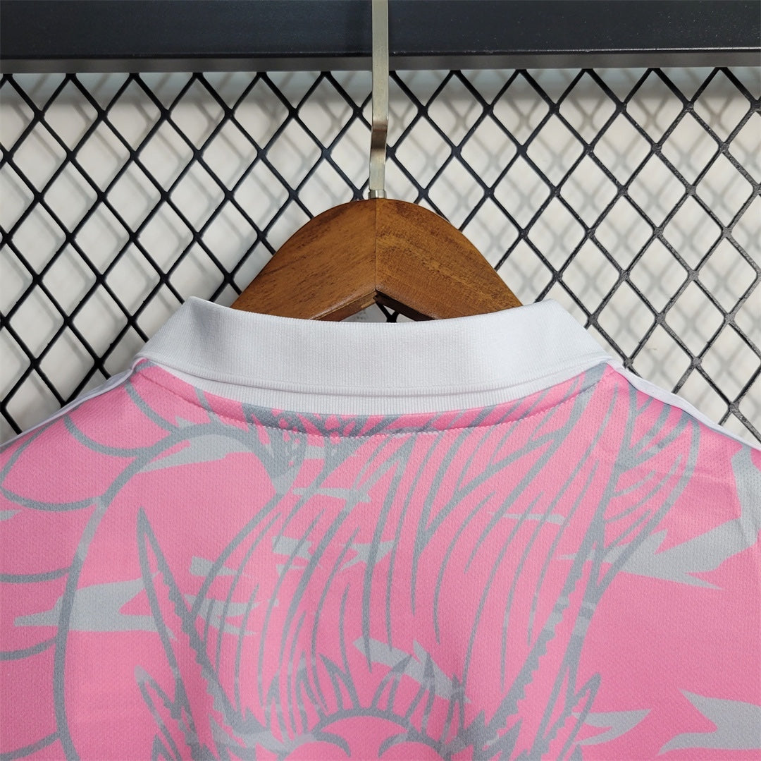 Leazofoot Real Madrid 23/24 special edition football jersey featuring a pink and grey graphic pattern and white collar