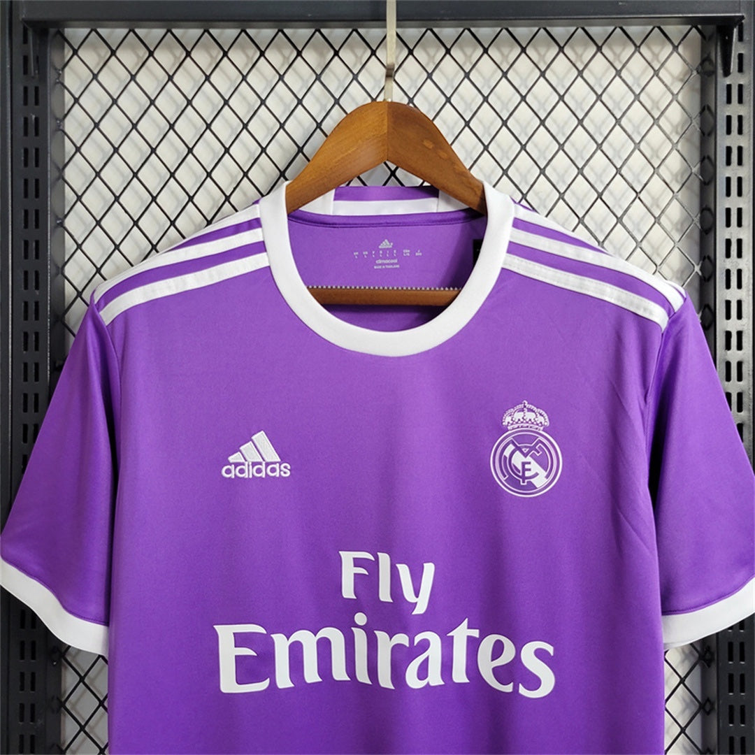 Leazofoot Real Madrid 2016-2017 away jersey in purple with white trim, Adidas logo, and Fly Emirates sponsor.
