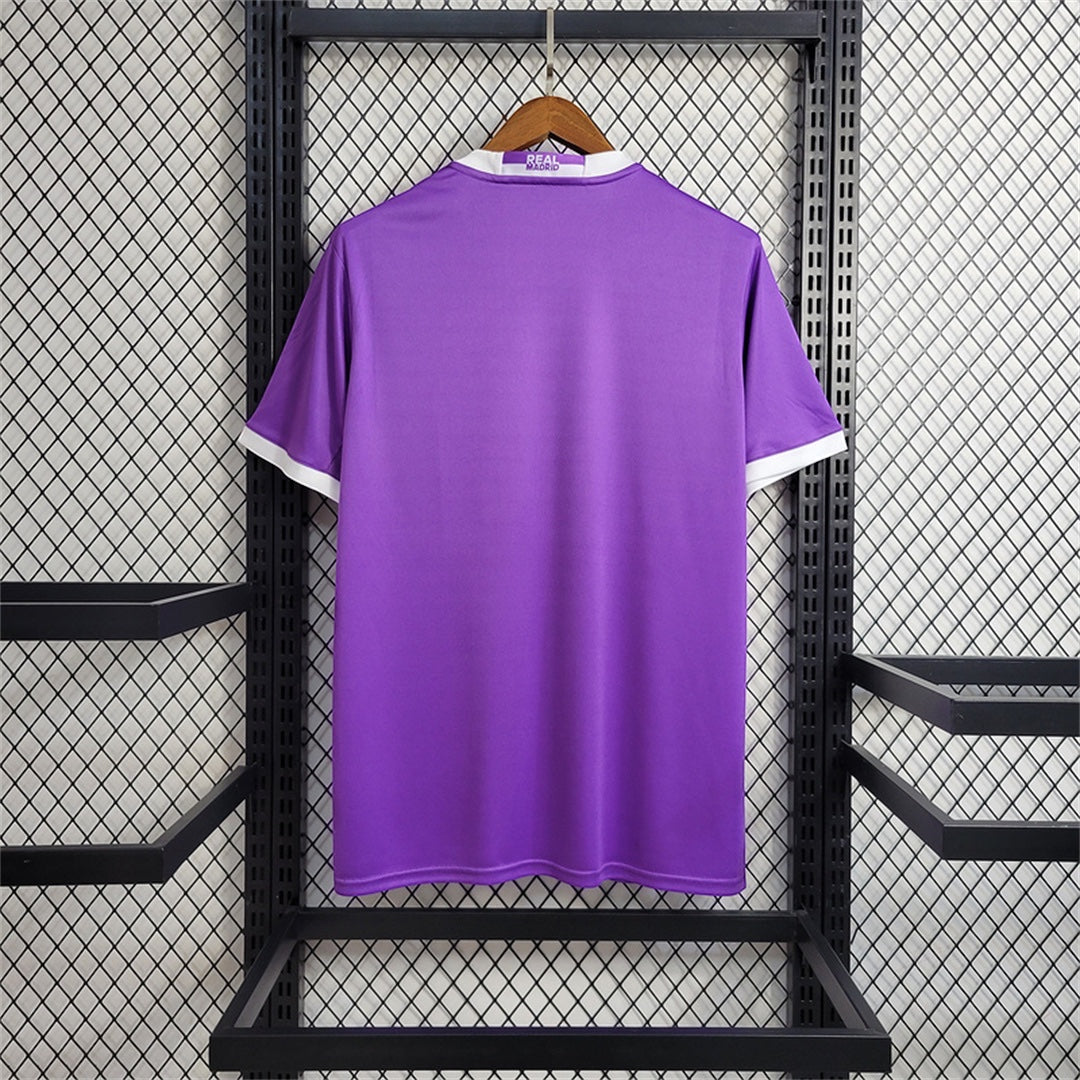 Leazofoot Real Madrid 2016-17 away jersey in purple with white collar and sleeve trim, back view on hanger