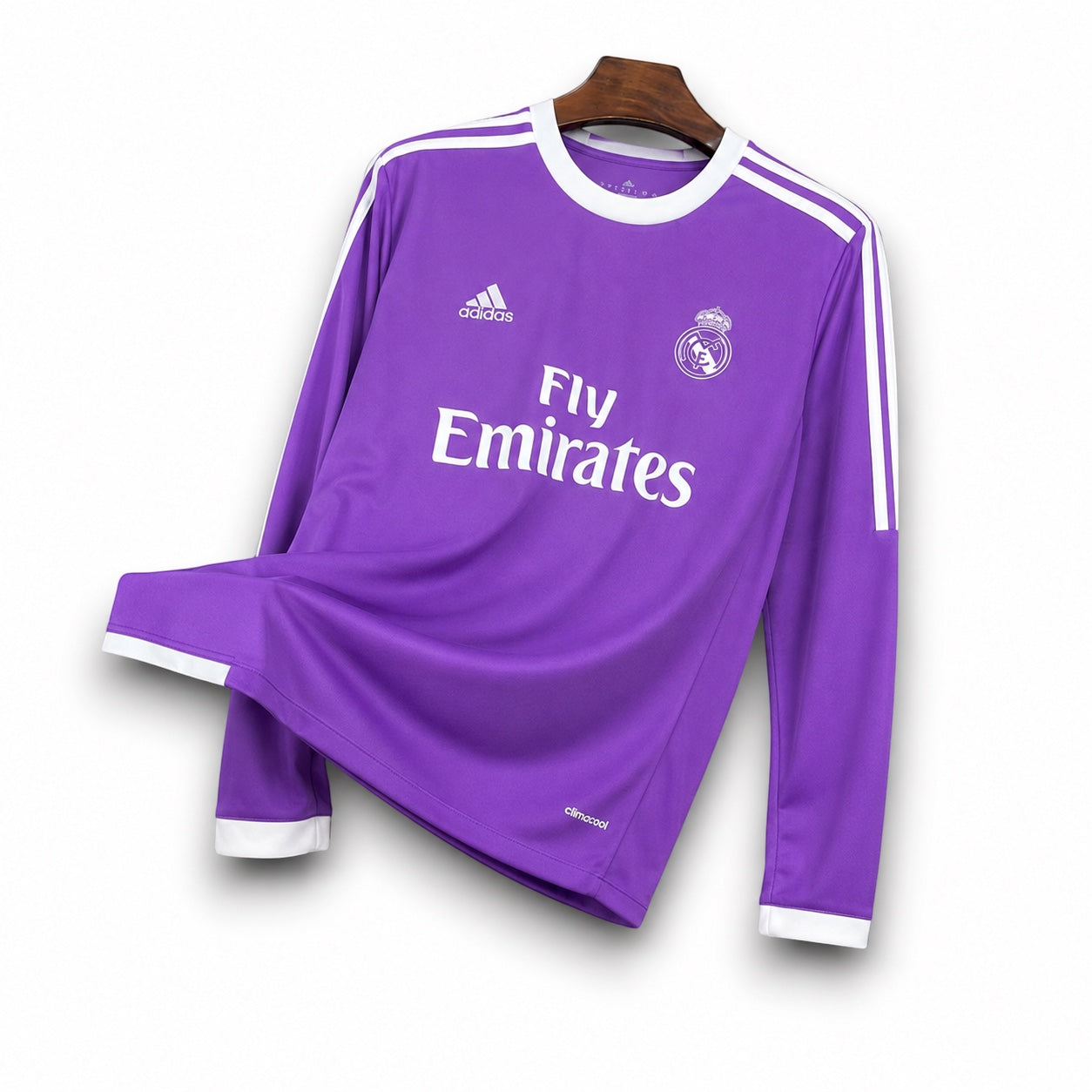 Leazofoot Real Madrid 2016-17 long sleeve away jersey in purple with white accents and Fly Emirates sponsor logo.
