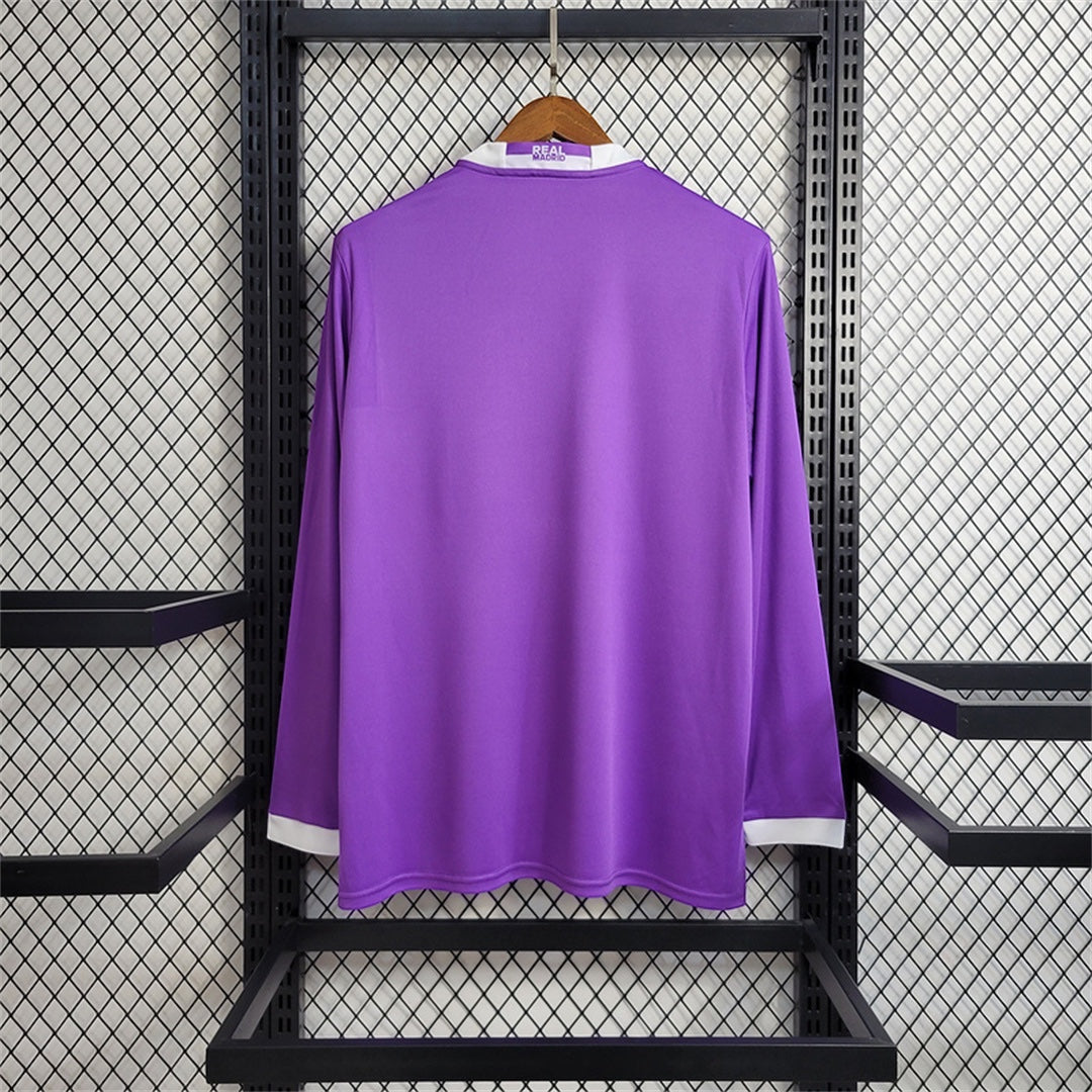 Leazofoot Real Madrid 16/17 away long sleeve jersey in purple with white collar and cuffs, back view