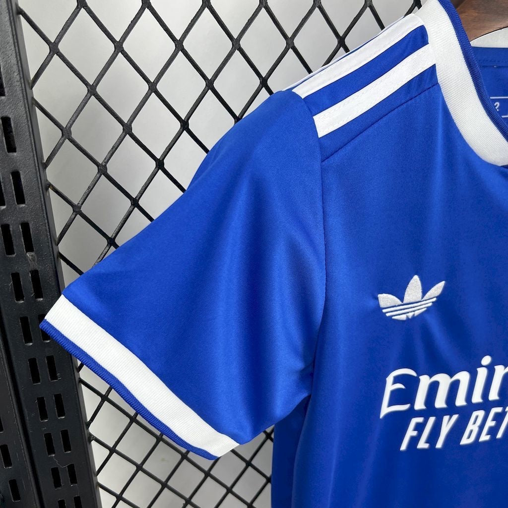 Leazofoot Real Madrid 25/26 third kit child jersey in blue with white stripes and classic trefoil logo