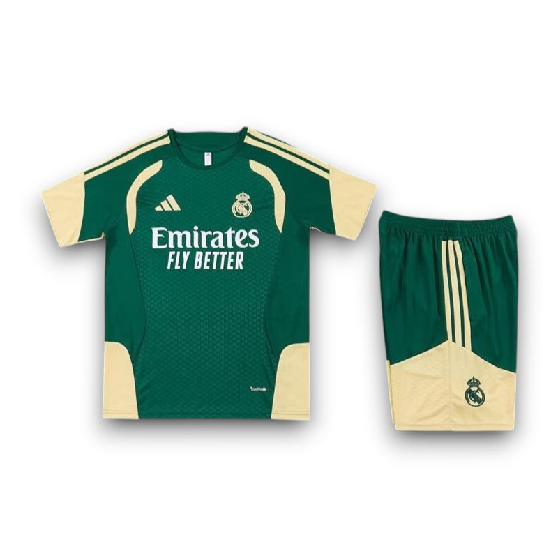 Leazofoot Real Madrid 2026 training kit in dark green and cream with team crest and sponsor logo