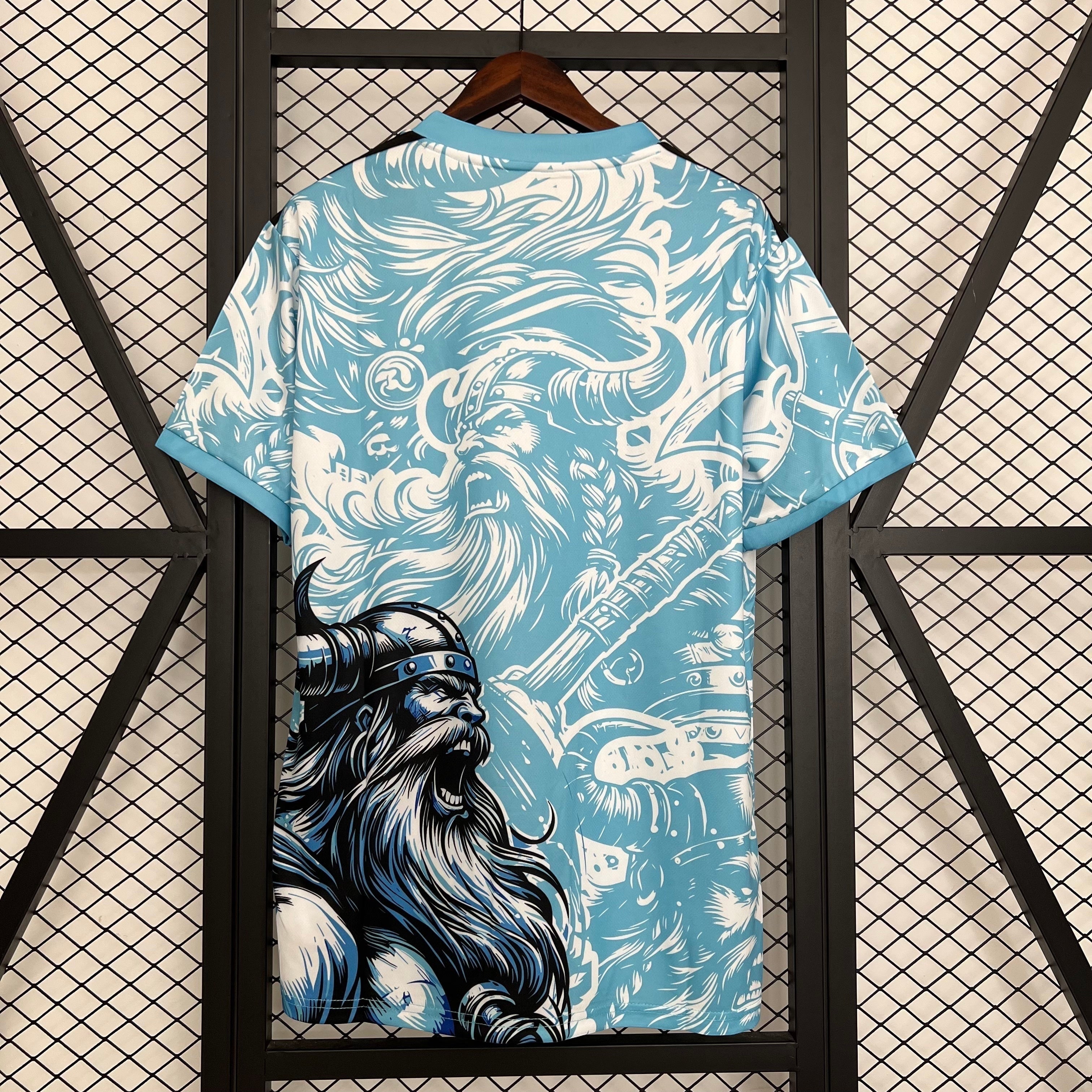 Leazofoot Real Madrid 25/26 concept jersey featuring a light blue and white Viking graphic print on the back