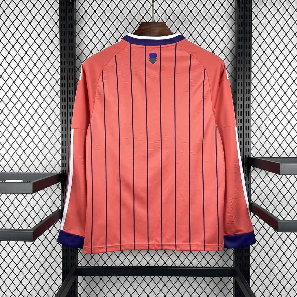 Leazofoot Scotland 2026 long sleeve away jersey in coral with navy vertical stripes and white sleeve details
