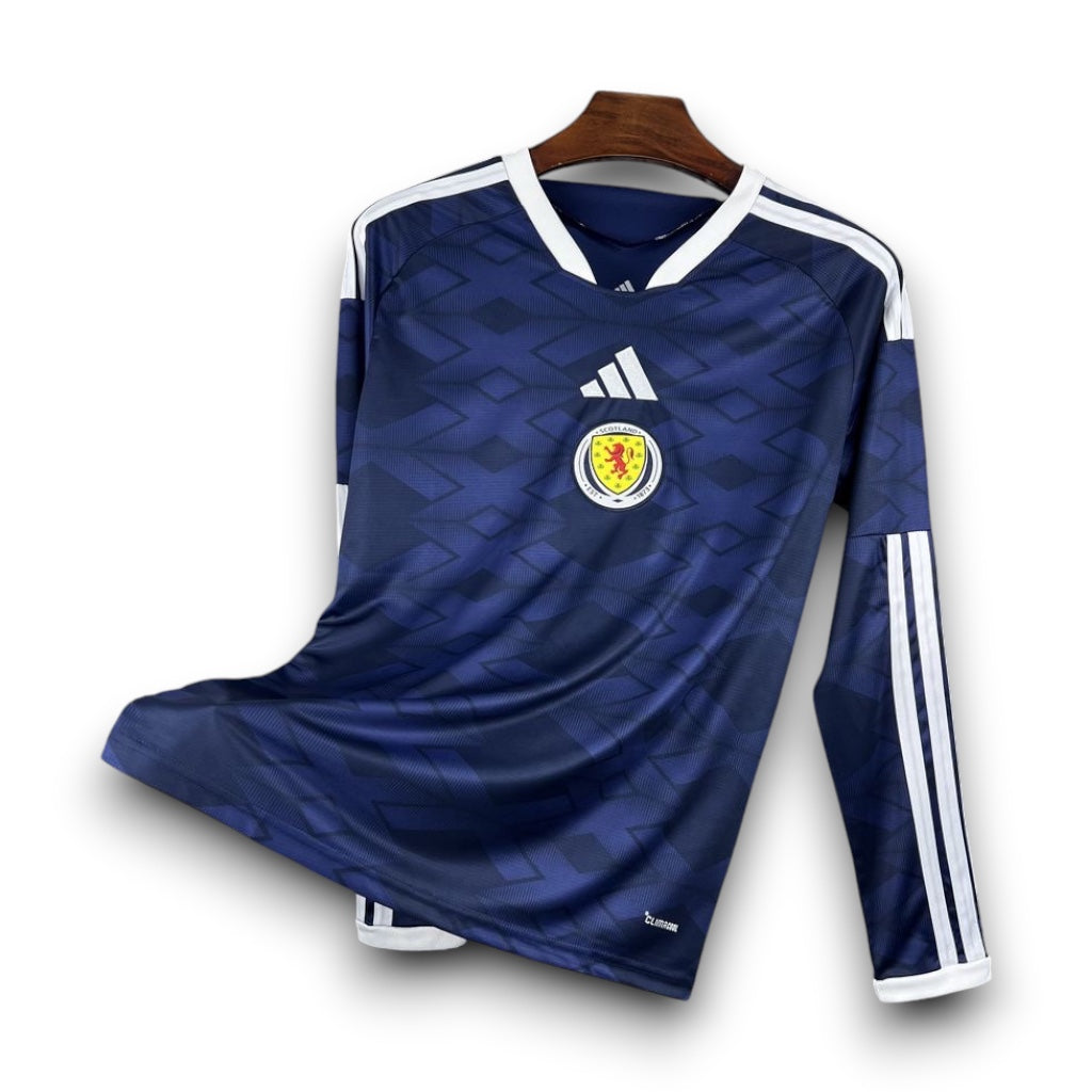 Leazofoot Scotland 2026 long-sleeve home football jersey in navy blue with white stripes and team crest