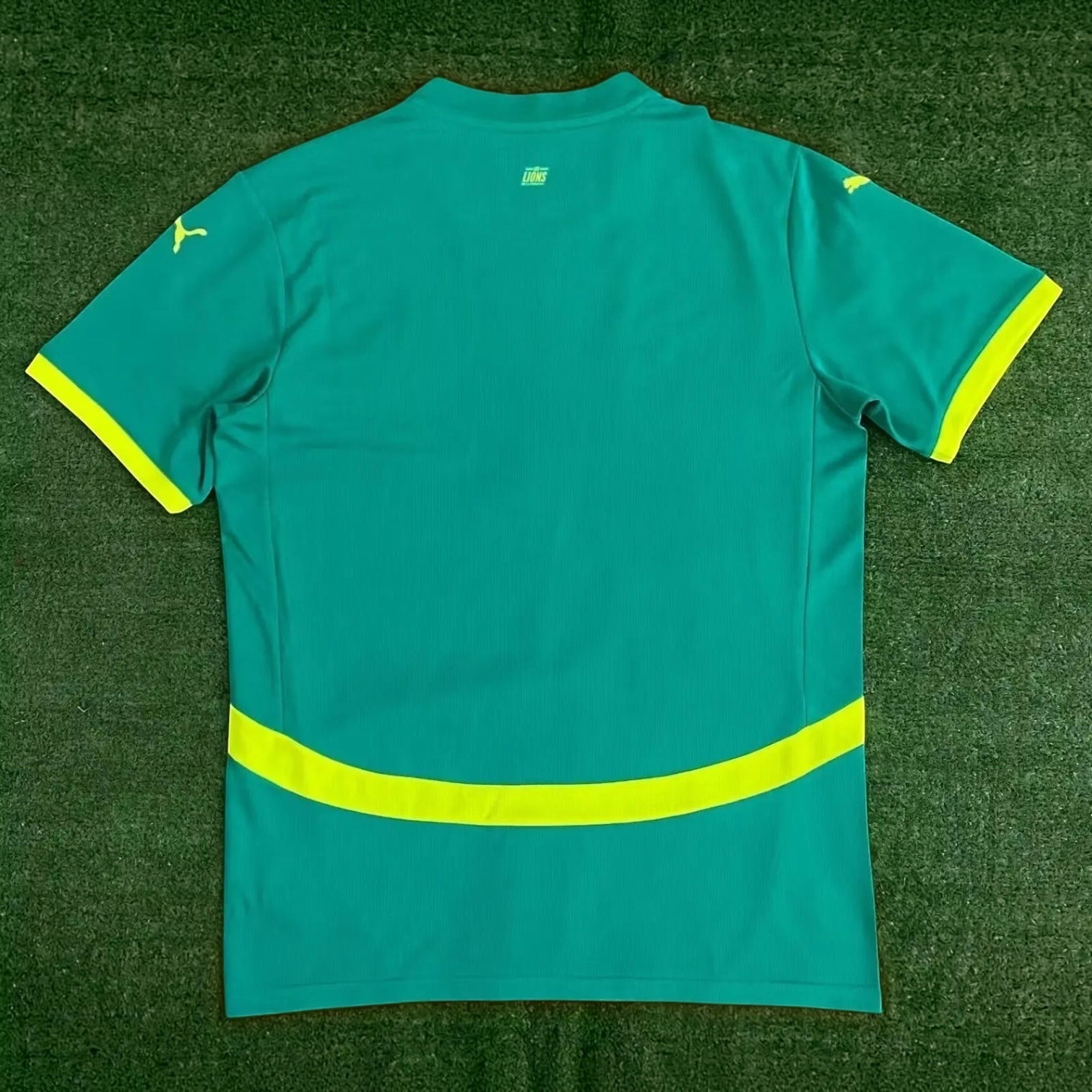 Leazofoot Senegal 24/25 special edition football jersey in green with yellow trim and Puma branding.