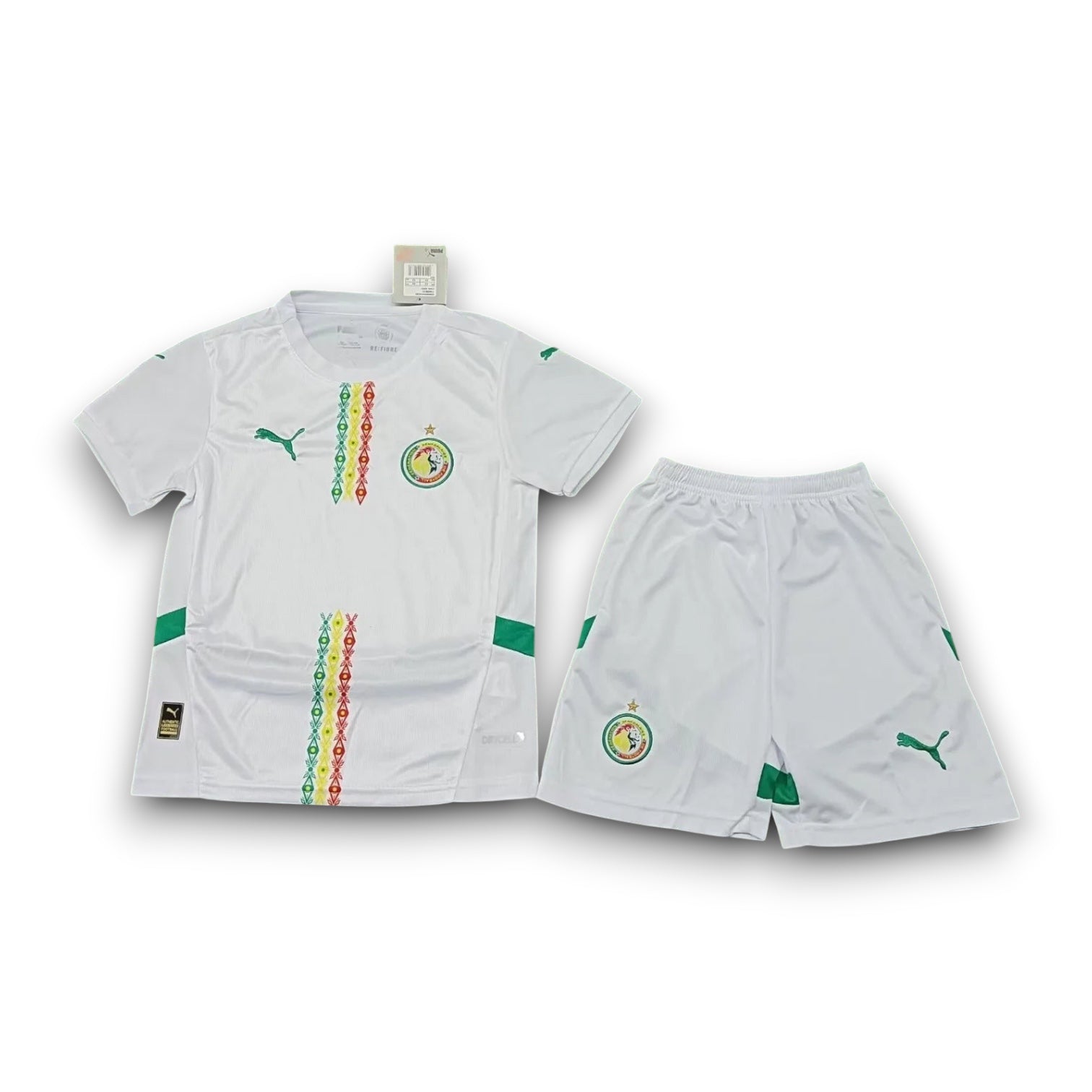 Leazofoot Senegal 24/25 white kids football kit with green accents and traditional patterned chest detail.