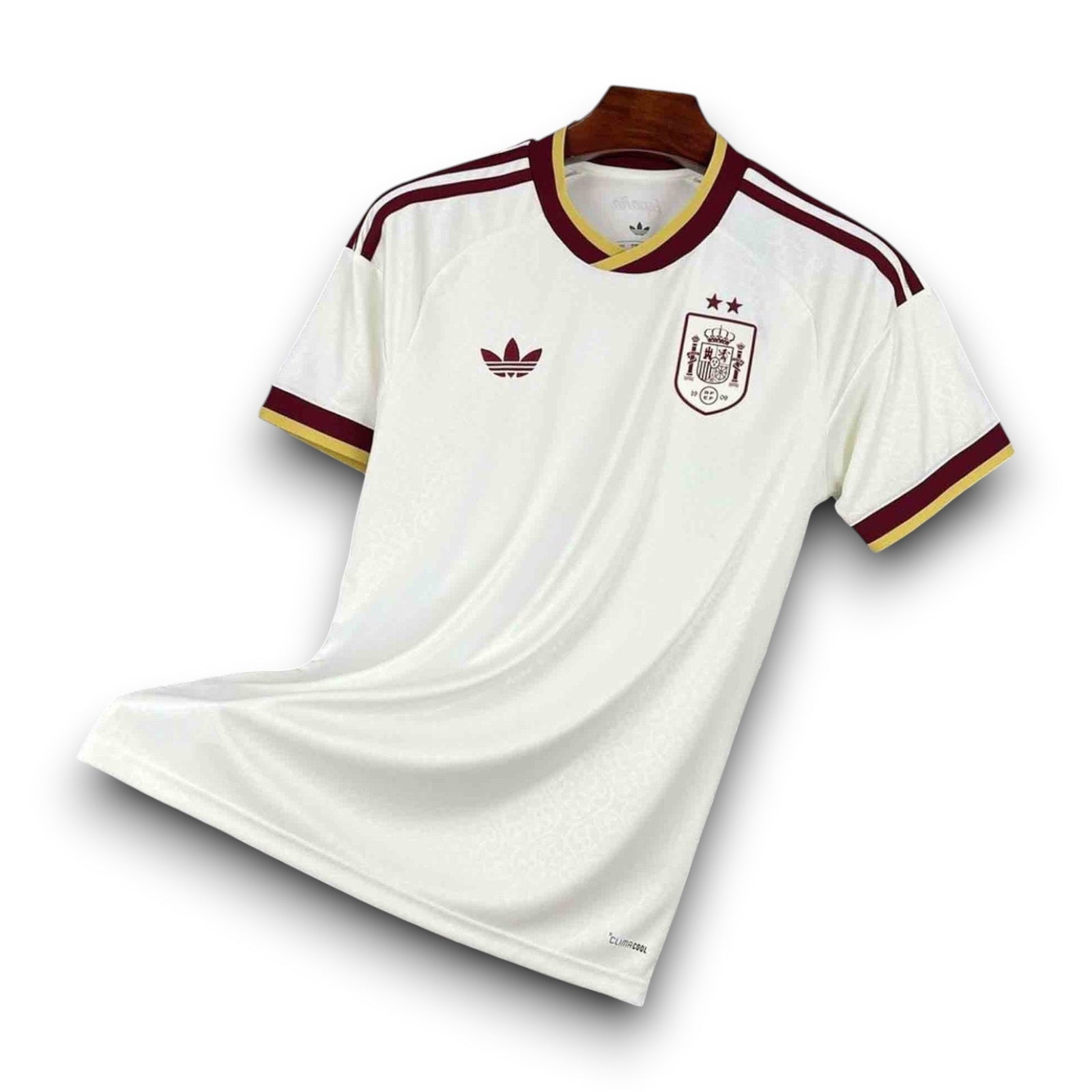 Leazofoot Spain 2026 away football jersey in off-white with maroon and gold trim and vintage trefoil logo