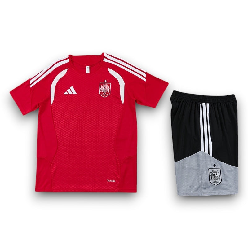 Leazofoot Spain 2026 training kit featuring a red jersey with white stripes and black and grey athletic shorts.