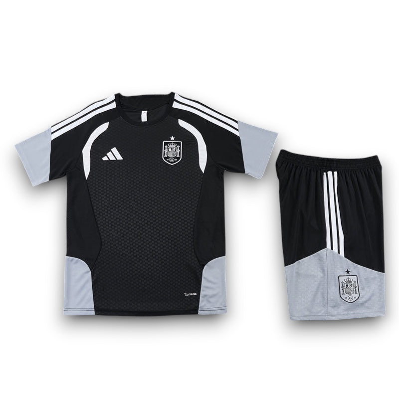 Leazofoot Spain 2026 training kit featuring a black and grey jersey and matching shorts with team crest and stripes