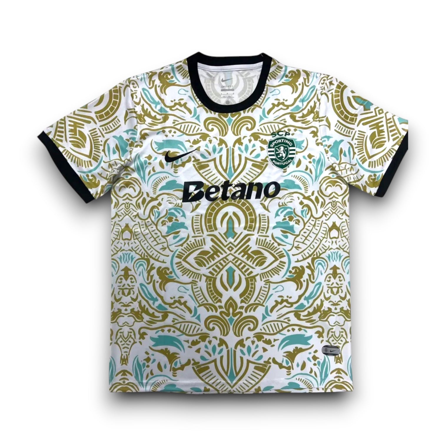 Leazofoot Sporting Portugal 25/26 concept football jersey with white, gold, and teal ornate pattern. Features black trim.