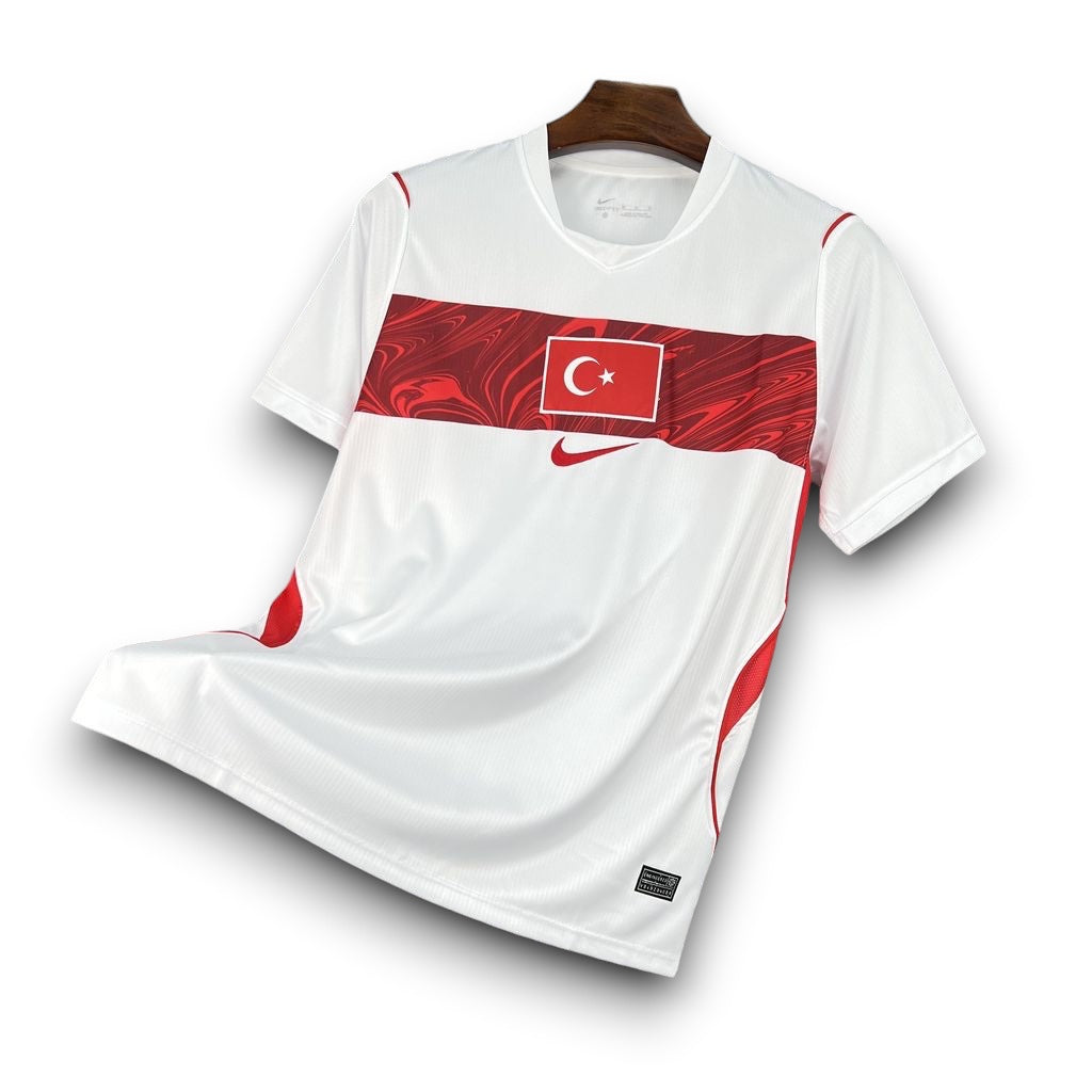 Leazofoot Turkey 2026 away soccer jersey in white with a red marbled chest stripe and national flag emblem.